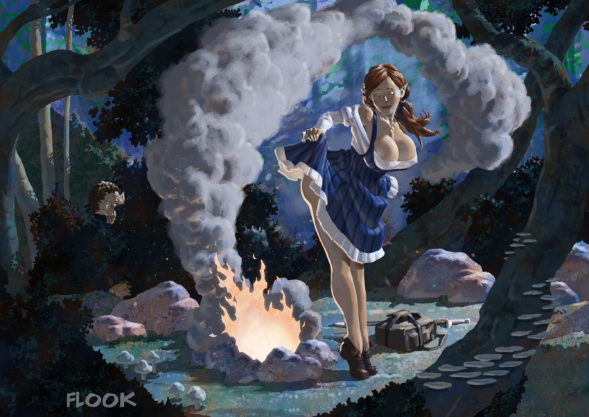 1boy 1girl ass backpack bag bangs bare_legs bare_shoulders big_ass big_breasts blue_dress breasts bush bushes cleavage closed_eyes closed_mouth collarbone dirndl dress dress_lift elf elf_female female_focus fire flook flook_(artist) forest full_body hiding jewelry legs legs_together lips lipstick long_hair long_sleeves looking_at_another looking_at_ass makeup moonlight mushroom nature neck necklace night off-shoulder_dress off_shoulder original original_character outside peeking pointy_ears ponytails rock shadow short_dress short_hair shows smile sneaking standing swept_bangs thighs tied_hair tiptoes tree white_dress