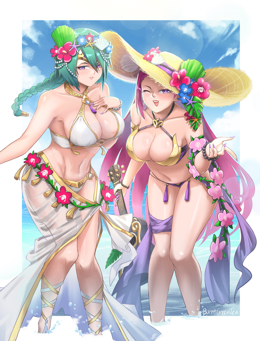 1girl 2_girls abs acoustic_guitar alluring alternate_costume bangs bare_shoulders bead_bracelet beads big_breasts bikini blush bracelet braid braided_ponytail burnt_green_tea circlet cleavage cloud cloudy_sky female_only fingernails fire_emblem fire_emblem_heroes flower gem gold_trim guitar hair_flower hair_ornament hat high_res instrument intelligent_systems jewelry linea_alba lips loki_(fire_emblem) long_hair looking_at_viewer multiple_females multiple_girls musical_instrument navel nintendo ocean official_alternate_costume one_eye_closed open_mouth purple_bikini purple_eyes purple_hair purple_nails sandals sarong see-through shell_hair_ornament siblings single_braid sisters sky smile stomach straw_hat sunlight swimsuit tassel teal_hair thorr_(fire_emblem) ukulele water white_bikini white_sarong yellow_eyes