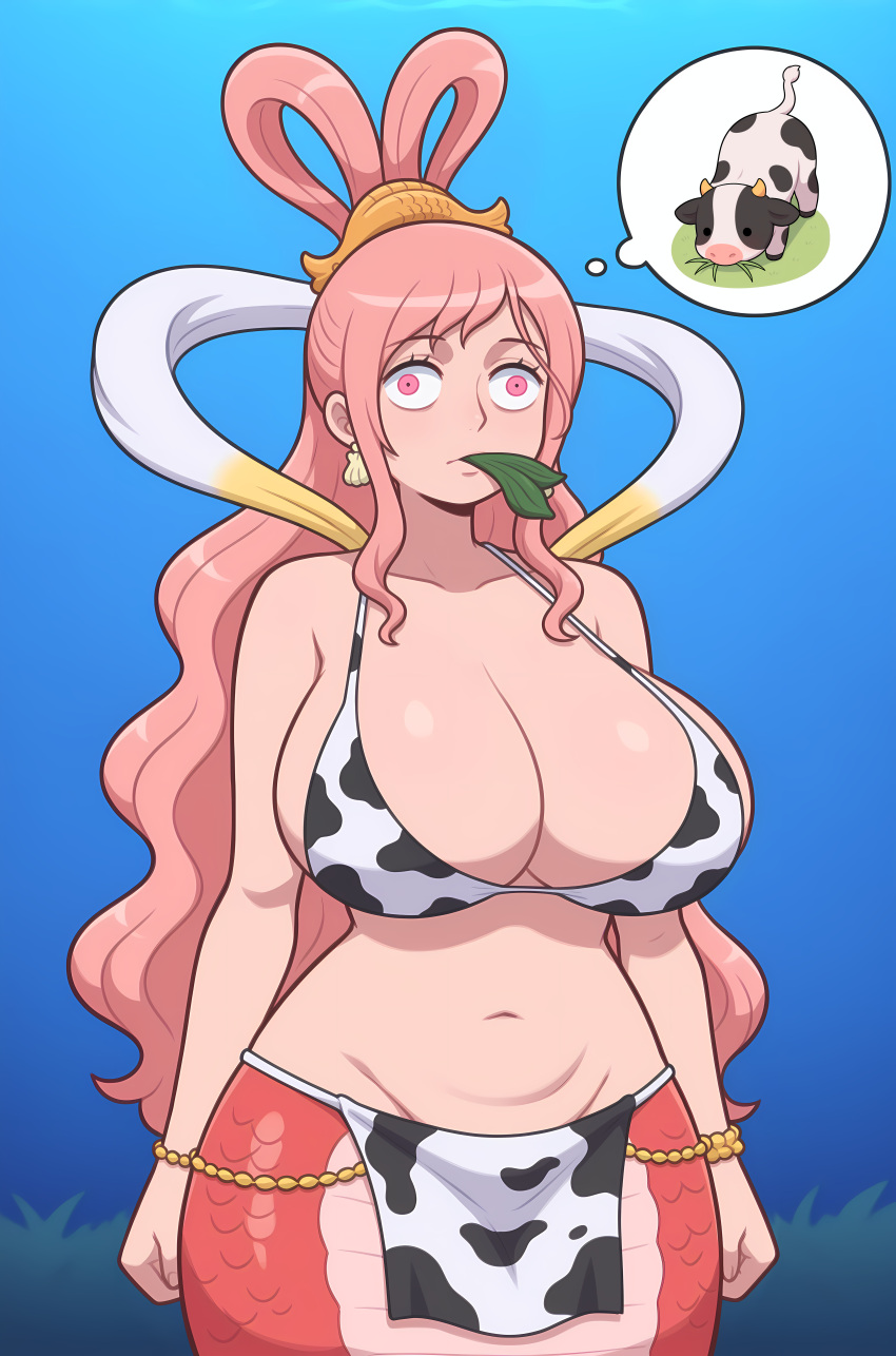 1girl ai_art bare_shoulders bikini bracelet cleavage collarbone cow_print earrings female female_only femsub hair_ornament hucow huge_breasts jewelry loincloth long_hair maledom mermaid minimimic_(generator) navel one_piece pink_eyes pink_hair princess_shirahoshi simple_background solo standing thought_bubble underwater