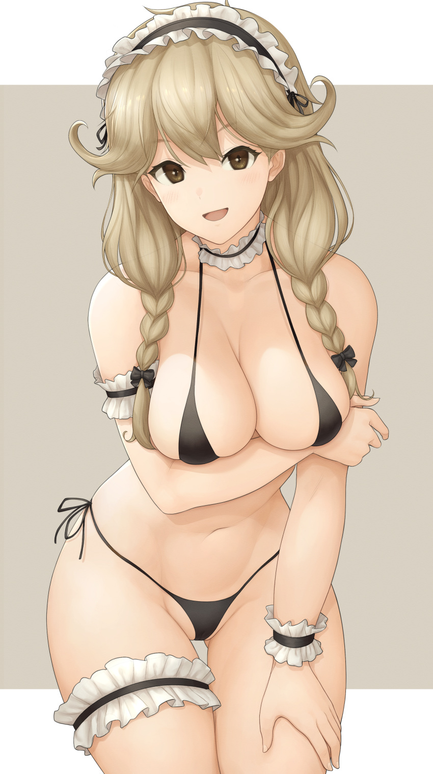 1girl 1girl :d absurd_res alluring arm_garter arm_under_breasts big_breasts bikini black_bikini black_ribbon blush braid brown_background brown_eyes brown_hair cameltoe cleavage collarbone cowboy_shot faye_(fire_emblem) fire_emblem fire_emblem_echoes:_shadows_of_valentia frilled_thigh_strap frills groin hand_on_own_thigh high_res intelligent_systems leaning_forward long_hair looking_at_viewer maid maid_bikini maid_headdress micro_bikini mogtate navel neck_garter nintendo open_mouth ribbon side-tie_bikini_bottom smile standing stomach swimsuit thigh_gap thigh_strap twin_braids unconventional_maid