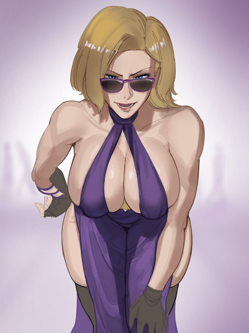 1girl bandai_namco bending_forward bending_over big_breasts dress fighting_game kartistry mature mature_female milf muscular namco namco_bandai nina_williams sunglasses tekken tekken_8 video_game_character