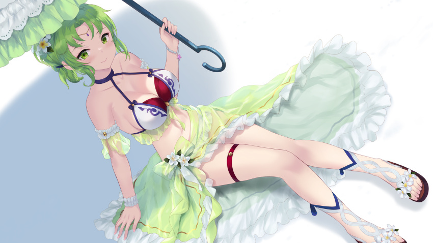 1girl 1girl alluring alternate_breast_size armband big_breasts bikini blush cait_aron cleavage closed_mouth collarbone dutch_angle fire_emblem fire_emblem:_the_sacred_stones fire_emblem_heroes flower frilled_armband frills gloves gradient_clothes green_eyes green_hair green_sarong hair_flower hair_ornament high_res holding holding_umbrella intelligent_systems l'arachel_(fire_emblem) l'arachel_(summer)_(fire_emblem) long_hair looking_at_viewer nintendo official_alternate_costume parasol sarong see-through_clothes see-through_sarong shadow smile swimsuit toes umbrella white_background white_bikini