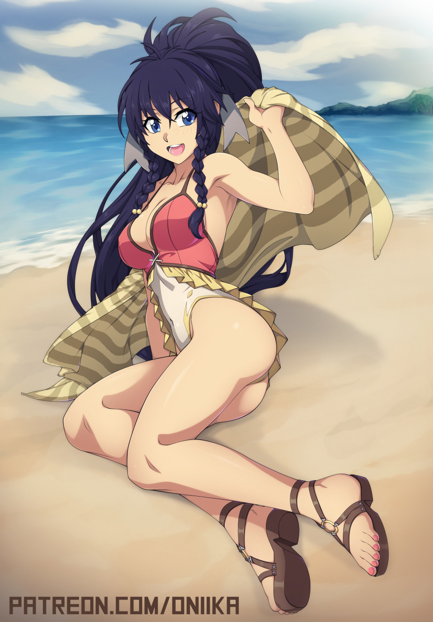 1girl absurd_res alluring antenna_hair ass beach black_hair blue_eyes braid chuunioniika cleavage commentary covered_navel day english_commentary female_focus fire_emblem fire_emblem:_the_sacred_stones fire_emblem_heroes full_body high_res highleg highleg_one-piece_bikini intelligent_systems long_hair lying medium_breasts nail_polish nintendo o-ring ocean on_side one-piece_bikini open_mouth patreon_username sandals side_braids smile strap_gap swimsuit tana_(fire_emblem) tana_(noble_and_nimble)_(fire_emblem) toenail_polish toenails toes towel twin_braids