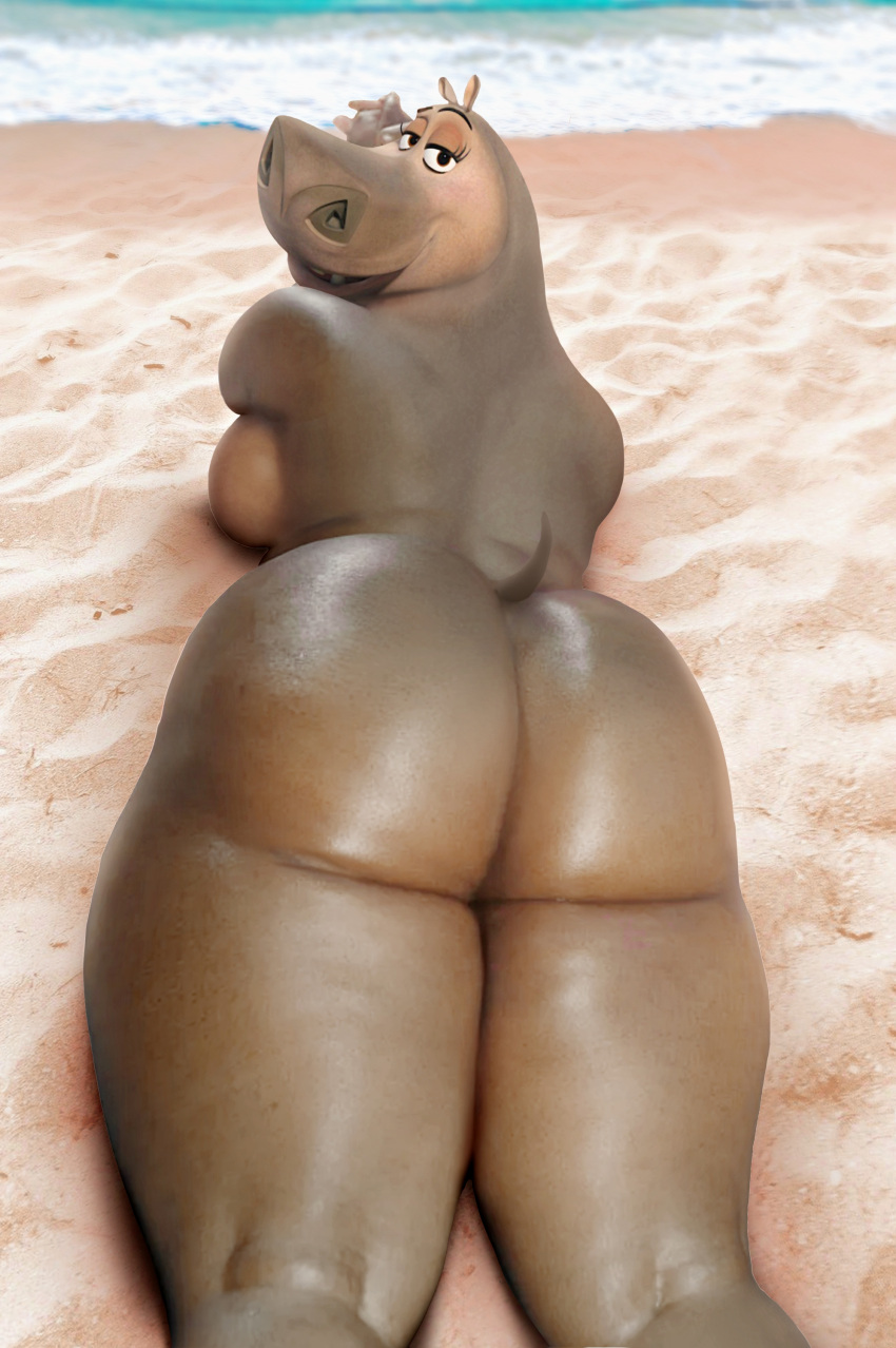 1girl anthro ass backboob beach big_ass big_breasts black_eyes breasts bubble_butt common_hippopotamus completely_nude dat_ass dreamworks edit eyelashes furry gloria gloria_the_hippopotamus hippo hippopotamid hippopotamus looking_at_viewer lying lying_on_stomach madagascar madagascar_(series) mammal nude ocean on_front on_stomach open-mouth_smile open_smile outside sea sexy short_tail smile smiling_at_viewer tail thicc thick thick_ass thick_thighs thighs third-party_edit venjiiart