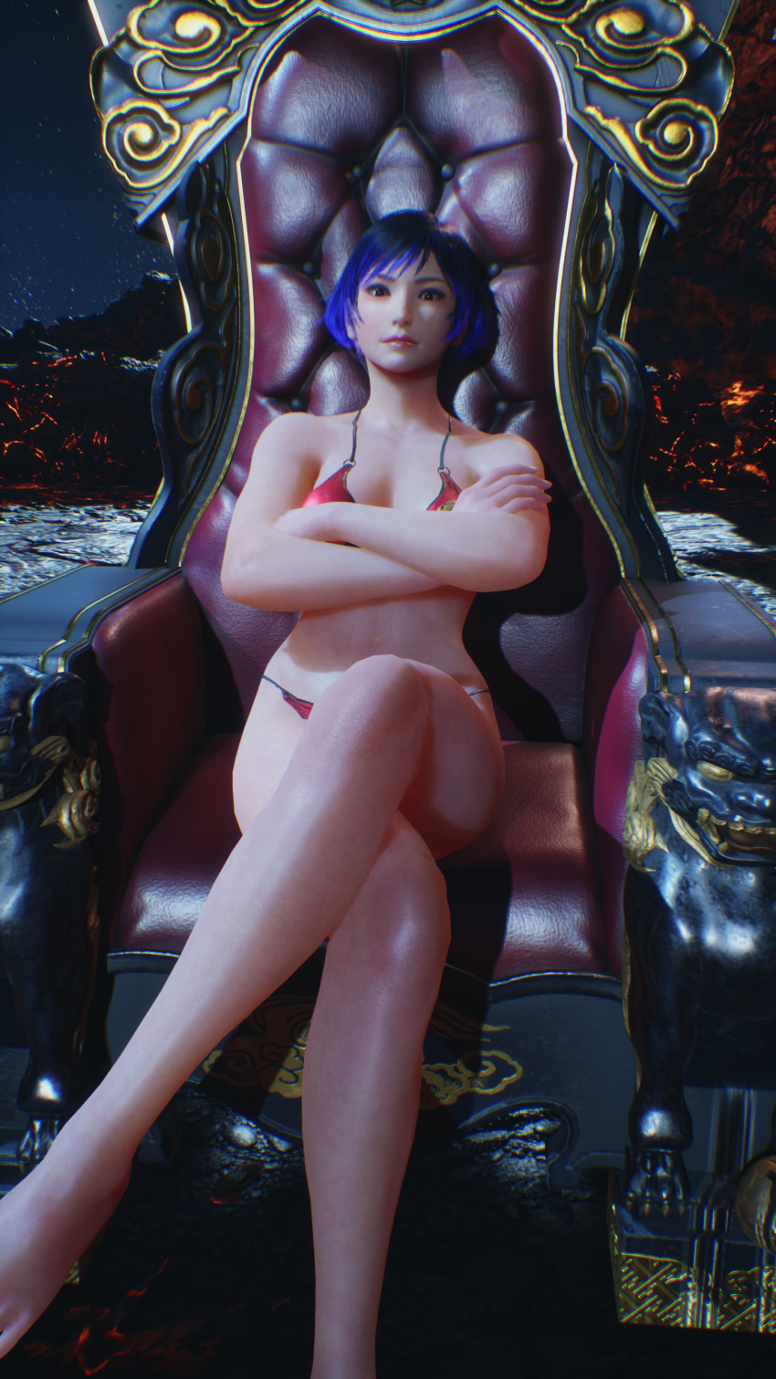 1girl alluring asian_female ass asteroid athletic_female bare_legs barefoot bikini black_and_purple_hair breasts crossed_legs female_only fit_female insanely_hot namco outer_space outside partially_clothed reina_(tekken) screencap tekken tekken_8 throne underwear