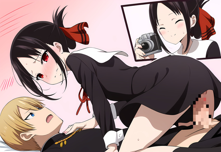 1boy 1girl black_hair blonde_hair blue_eyes camera canon_couple husband_and_wife kaguya-sama_wa_kokurasetai_~tensai-tachi_no_renai_zunousen~ penis penis_in_pussy red_eyes sex shinomiya_kaguya shirogane_miyuki vaginal vaginal_penetration vaginal_sex