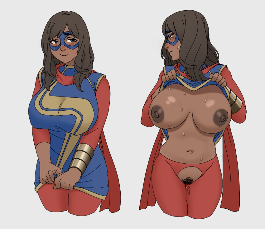 1girl big_breasts bleepideeboop brown_eyes brown_hair brown_skin dark-skinned_female eyemask flashing flashing_breasts huge_breasts kamala_khan lifted_shirt lifting_shirt long_hair looking_at_viewer looking_away marvel marvel_comics ms._marvel muslim_female nervous nervous_smile older older_female pakistani_female red_scarf scarf superheroine sweat young_adult young_adult_female young_adult_woman