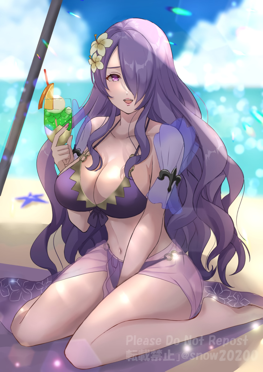 1girl alluring beach big_breasts bikini breasts camilla_(fire_emblem) camilla_(summer)_(fire_emblem) cleavage fire_emblem fire_emblem_fates fire_emblem_heroes hair_ornament hair_over_one_eye holding juice long_hair navel nintendo open_mouth purple_bikini purple_eyes purple_hair sarong sitting snow20200 swimsuit very_long_hair