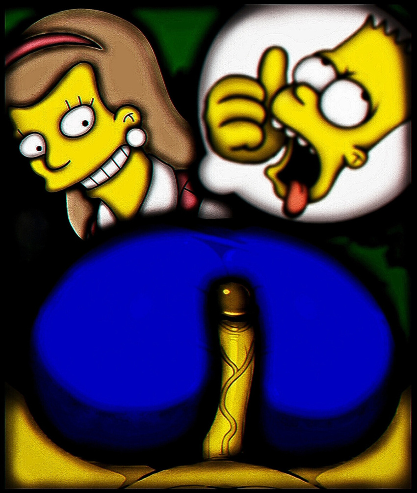 1girl 20th_century_fox 20th_century_studios accurate_art_style ahegao_face ass assjob background_character bart_simpson big_ass big_penis blue_dress blurry_background boner brown_hair buttjob clothed_female crossed_eyes dry_humping edit edited_screencap erections green_background hd headband long_penis naked_male nude_male_clothed_female older_female penis_in_ass penis_under_clothes pink_topwear quenley_woosterfield sitting_on_penis smaller_male speech_bubble the_simpsons thumbs_up white_earrings white_shirt wide_open_mouth yellow_body yellow_skin