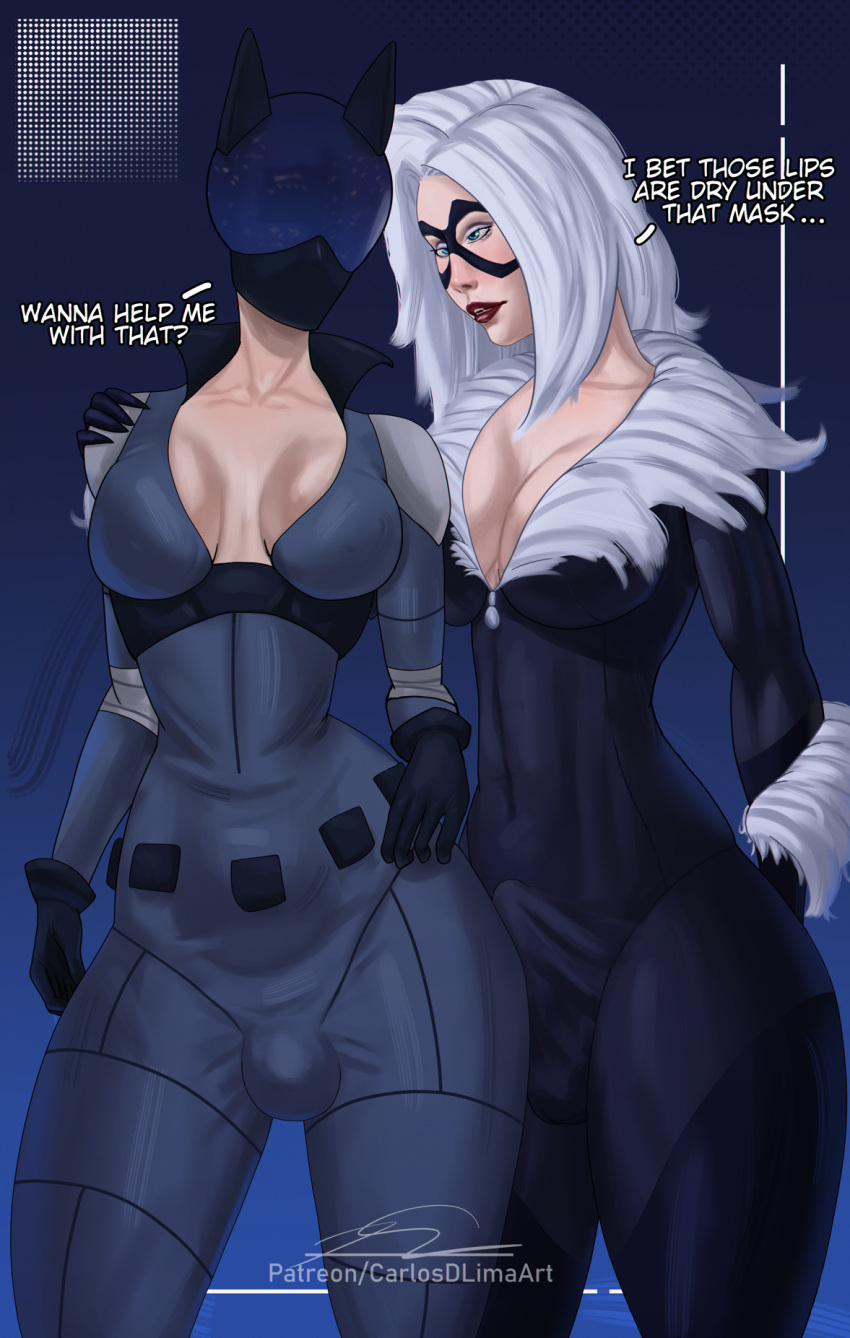 2_girls batman_(series) bedroom_eyes black_cat_(marvel) bodysuit carlosdlimaart catwoman crossover dc_comics erection felicia_hardy futanari futanari_with_futanari helmet horny marvel mask naughty_face penis_bulge selina_kyle spider-man_(series) white_hair you_gonna_get_raped yuri