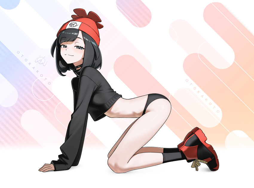1girl 1girl absurd_res all_fours beanie black_choker black_hair black_panties black_socks black_sweater breasts choker closed_mouth cropped_sweater from_side full_body grey_eyes hat high_res looking_at_viewer otokakoto panties pokemon pokemon_sm red_hat red_shoes selene_(pokemon) shoes short_hair small_breasts smile socks sweater underwear