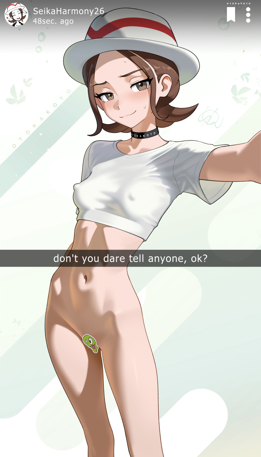 1girl black_choker bottomless brown_eyes brown_hair choker closed_mouth clothing covered_erect_nipples cowboy_shot cropped_shirt erect_nipples_under_clothes eyelashes half-closed_eyes harmony_(pokemon) hat headwear high_resolution looking_at_viewer navel nopan otokakoto paipan pokemon pokemon_(game) pokemon_character pokemon_legends:_z-a portrait protagonist_(pokemon) self_shot selfpic shirt short_hair short_sleeves smile sticker very_high_resolution white_hat white_headwear white_shirt