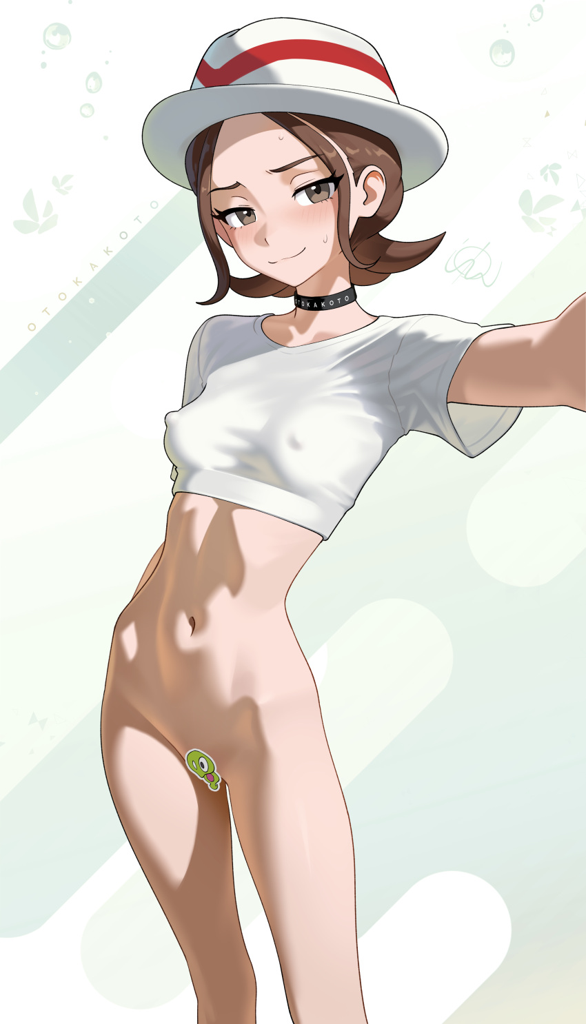 1girl black_choker bottomless brown_eyes brown_hair choker closed_mouth clothing covered_erect_nipples cowboy_shot cropped_shirt erect_nipples_under_clothes eyelashes half-closed_eyes harmony_(pokemon) hat headwear high_resolution looking_at_viewer navel nopan otokakoto paipan pokemon pokemon_(game) pokemon_character pokemon_legends:_z-a portrait protagonist_(pokemon) self_shot selfpic shirt short_hair short_sleeves smile sticker very_high_resolution white_hat white_headwear white_shirt