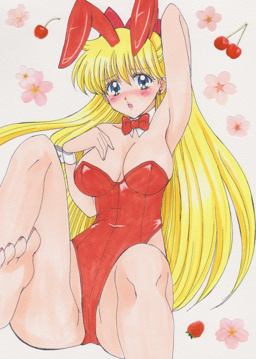 1990s_(style) 1girl absurd_res adult_swim alluring animal_ears barefoot bishoujo_senshi_sailor_moon bishoujo_senshi_sailor_moon_r bishoujo_senshi_sailor_moon_r_the_movie bishoujo_senshi_sailor_moon_s bishoujo_senshi_sailor_moon_s_the_movie bishoujo_senshi_sailor_moon_sailor_stars bishoujo_senshi_sailor_moon_supers bishoujo_senshi_sailor_moon_supers_the_movie blonde_hair detached_collar fake_animal_ears high_res leotard long_hair minako_aino playboy_bunny rabbit_ears rascal_(n119) retro_artstyle sailor_venus toei_animation toonami wrist_cuffs
