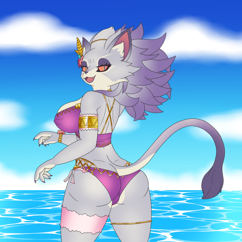 1:1 1girl accessory anthro armband ass belladonna_(trials_of_mana) big_ass big_breasts bikini breasts choker claws clothing demon eyelashes eyeliner eyeshadow fangs feather_in_hair felid female flower flower_accessory flower_in_hair fur gold_(metal) hair hair_accessory high_res jewelry kamek_sans legband looking_at_viewer looking_back loose_feather makeup mammal mana_(series) necklace nipple_outline orange_sclera outside plant purple_body purple_eyes purple_fur solo square_enix swimwear teeth thick_thighs trials_of_mana two-piece_swimsuit water white_body white_fur yellow_eyes