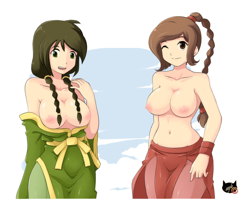 2_girls 2girls a-y-b avatar:_the_last_airbender ayb big_breasts breasts brown_eyes brown_hair female_only green_eyes jin jin_(avatar) long_hair looking_at_viewer nath-ayb nipples smile topless ty_lee wink