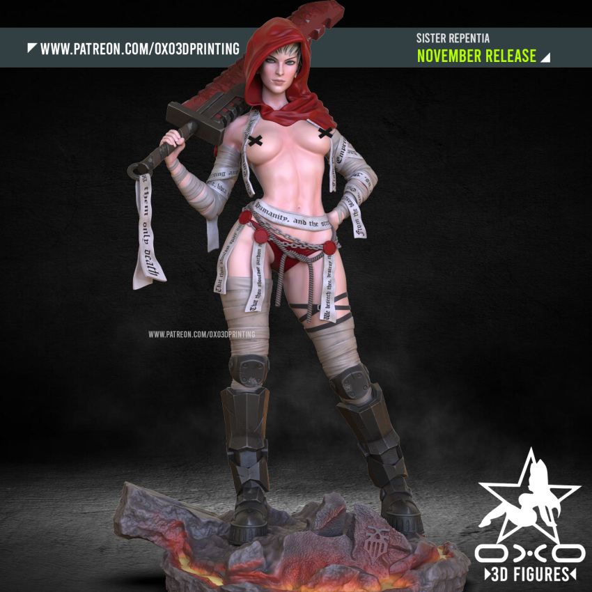 3d 3d_(artwork) 3d_model armored_boots bandaged_arm bandaged_leg bandages bandages_on_arms bandages_on_legs bare_midriff breasts chainsword covered_nipples figurine hand_on_hip hood miniatures nipple_tape oxo3d_printing panties red_hood red_panties red_scarf ropes scarf semi_nude short_hair sister_of_battle sister_repentia sword warhammer_(franchise) warhammer_40k