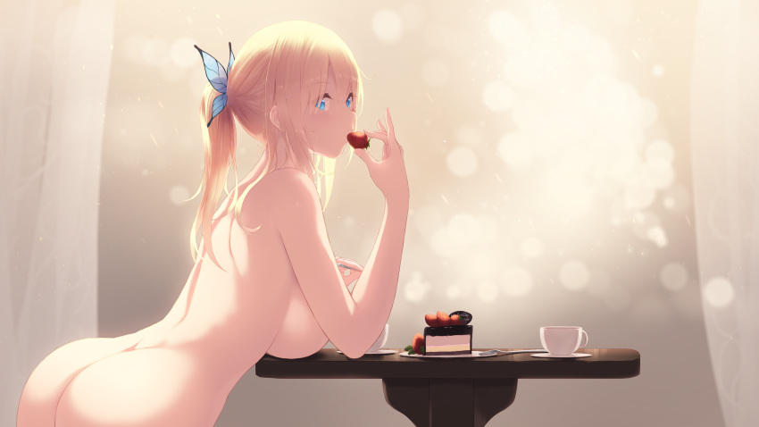 16:9_aspect_ratio 1girl 1girl 1girl ass backlighting big_breasts blonde blue_eyes blurry bokeh boku_wa_tomodachi_ga_sukunai breast_rest breasts butterfly_hair_ornament cait cake depth_of_field eating food fruit hair_between_eyes hair_ornament high_resolution in_profile kashiwazaki_sena large_filesize leaning_forward long_hair looking_at_viewer nude paid_reward patreon_reward ponytail sidelocks strawberry tied_hair very_high_resolution