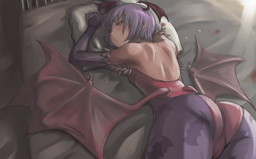 1girl ass back bare_back bat_print bed blush capcom demon_girl female happy head_wings lilith_aensland looking_back low_wings lying monster_girl on_stomach pantyhose pillow pink_eyes print_legwear print_pantyhose purple_hair short_hair shoulder_blades solo succubus sweat tea_(artist) tea_(nakenashi) vampire_(game) wings