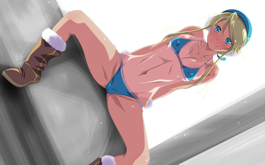 1girl aoi_nagisa_(artist) bikini blonde_hair blue_eyes blush boots breasts cameltoe cleavage covered_nipples erect_nipples heroman high_res highres lina_davis long_hair navel one-piece_tan solo spread_legs sweat swimsuit tan tan_line tanline