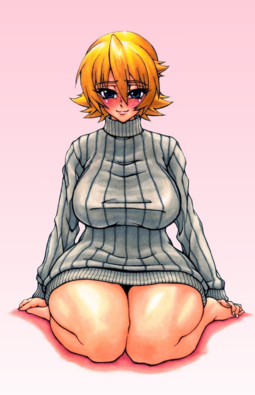 1girl big_breasts blonde_hair blue_eyes blush breasts highres huge_breasts igawa_sakura large_breasts short_hair smile solo sweater sweater_dress taimanin_asagi thick_thighs thighs turtleneck wide_hips wrato