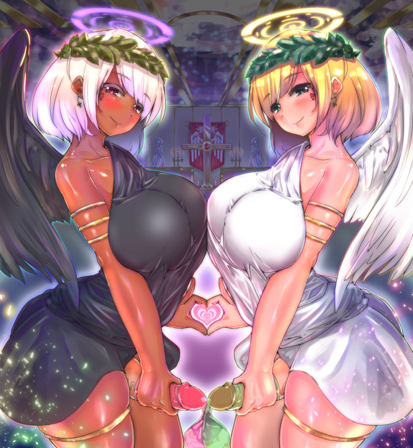 angel_halo angel_wings big_breasts big_penis breasts condom condom_filling condom_on_penis cum cum_in_condom dark_skin dickgirl dress dual_persona erection female futa_with_futa futanari gold_hair green_eyes heart penis red_eyes silver_hair smile urakata_(artist)