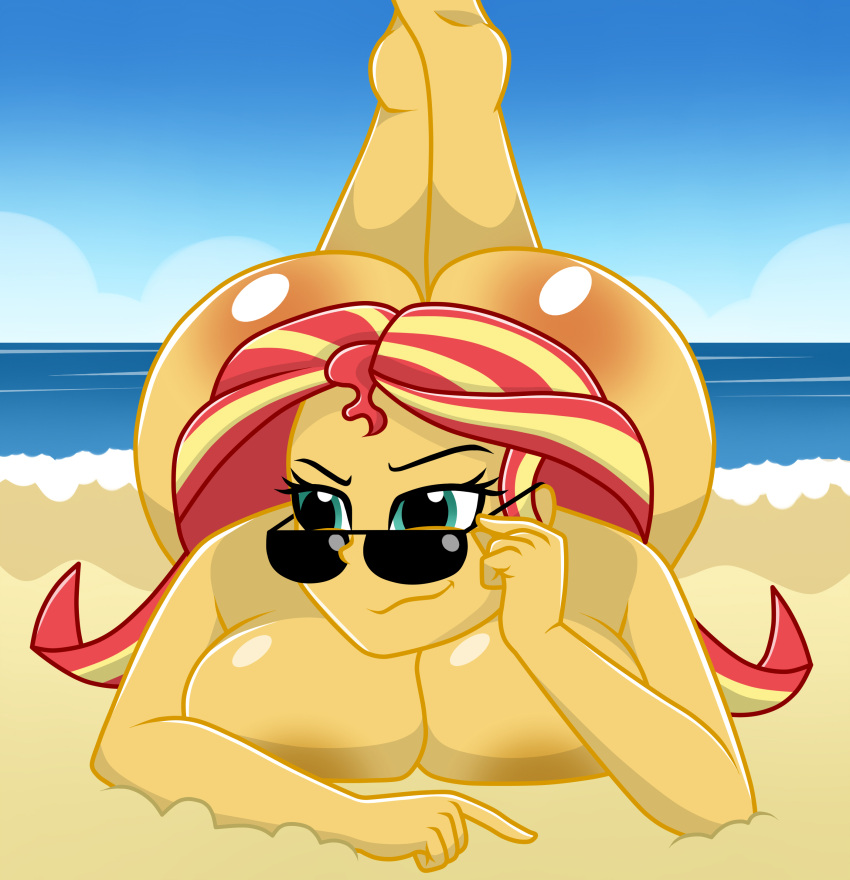 bikini dat_ass equestria_girls gigantic_ass gigantic_breasts green_eyes hourglass_figure humanized mashoart multicolored_hair my_little_pony sunglasses sunset_shimmer sunset_shimmer_(eg)