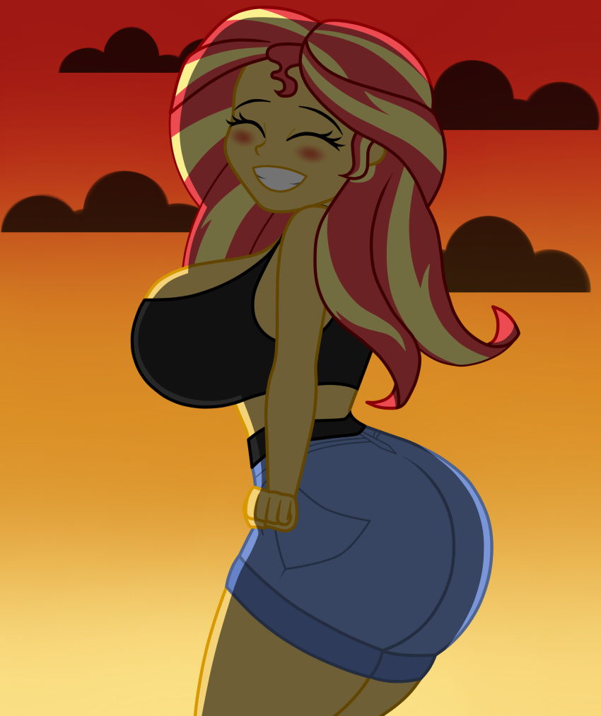 closed_eyes equestria_girls gigantic_ass gigantic_breasts hourglass_figure humanized mashoart multicolored_hair my_little_pony smile sunset_shimmer sunset_shimmer_(eg)