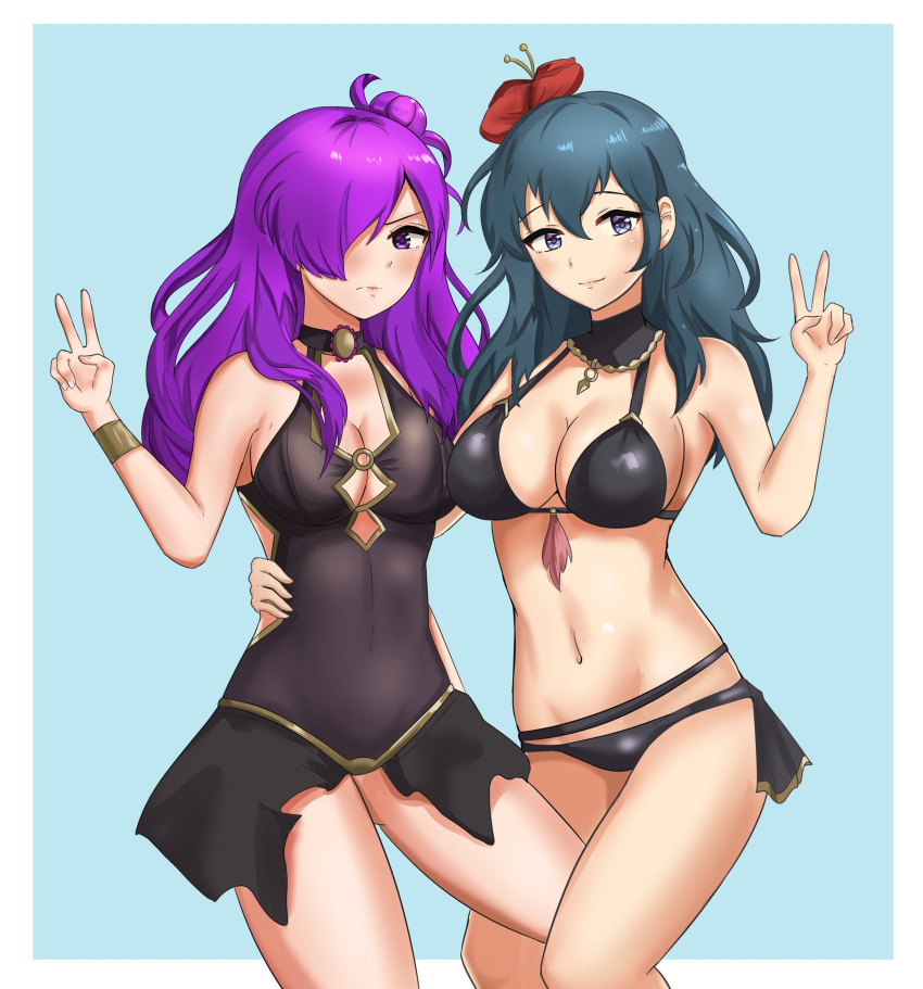 1girl 2_girls alluring alternate_costume bikini black_bikini black_swimsuit blue_eyes blue_hair byleth_(fire_emblem) byleth_(fire_emblem)_(female) female_only fire_emblem fire_emblem:_three_houses fire_emblem_heroes fire_emblem_warriors fire_emblem_warriors:_three_hopes hair_over_one_eye long_hair multiple_girls nintendo official_alternate_costume one-piece_swimsuit purple_eyes purple_hair shez_(fire_emblem) shez_(fire_emblem)_(female) smile swimsuit teal_hair v zipperqr