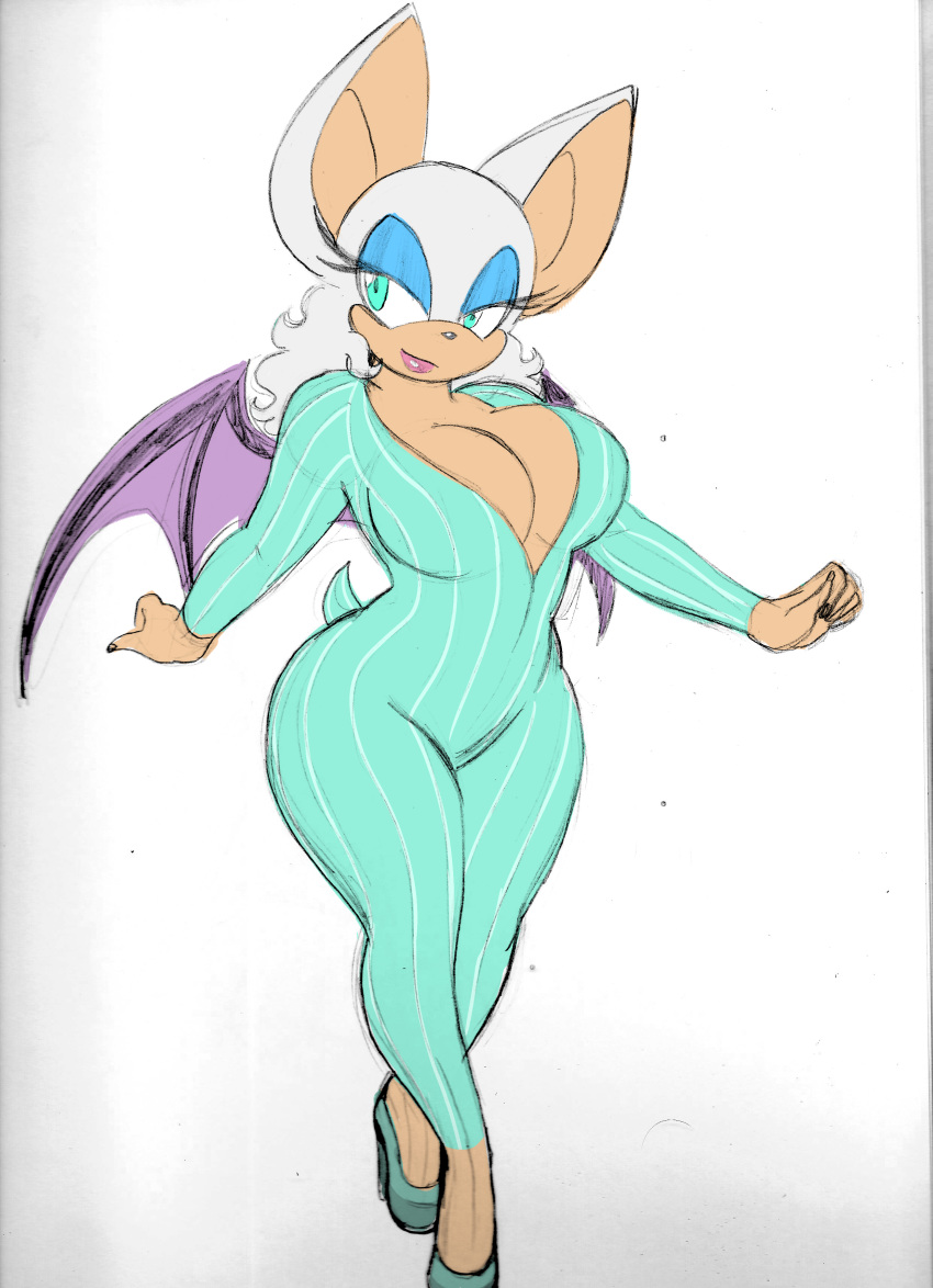 1girl animal_ears anthro bat_wings blue_eyes bodysuit breasts cleavage furry high_heels large_breasts lipstick looking_to_the_side makeup mascara omegasunburst rouge_the_bat sega smile tail wings