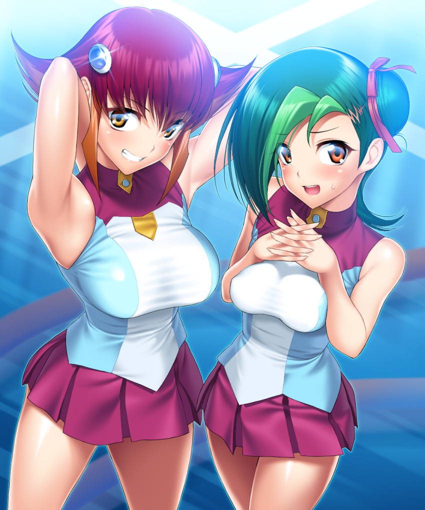 2girls armpits arms_up breast_grab breasts brown_eyes green_hair hair hair_ribbon highres kouzuki_anna large_breasts miniskirt mizuki_kotori_(yuu-gi-ou_zexal) multicolored_hair multiple_girls open_mouth red_hair ribbon school_uniform short_hair skirt smile suzume_inui sweatdrop thighs two-tone_hair yellow_eyes yu-gi-oh! yu-gi-oh!_zexal yuu-gi-ou yuu-gi-ou_zexal