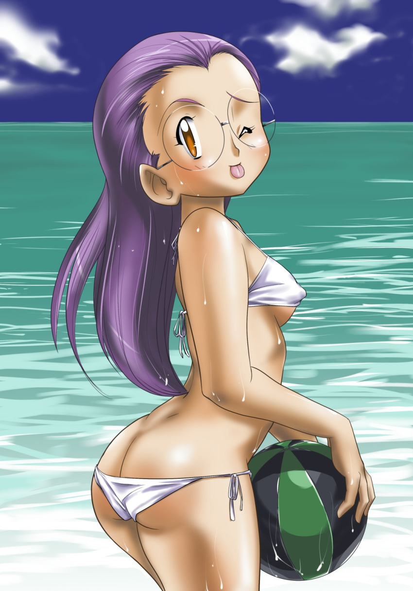 artist_request ass beach bikini brown_eyes butt_crack digimon erect_nipples glasses highres hikawadou inoue_miyako long_hair one_eye_closed purple_hair swimsuit tongue tongue_out volleyball watermelon wet white_bikini white_swimsuit wink