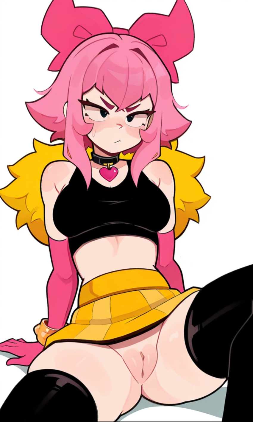 1girl ai-generated ai_assisted ai_generated black_eyes black_legwear brawl_stars breasts cleft_of_venus collar eyebrows female_focus melodie_(brawl_stars) miniskirt no_panties pink_hair pussy ribbon simple_background sitting white_background younger_female