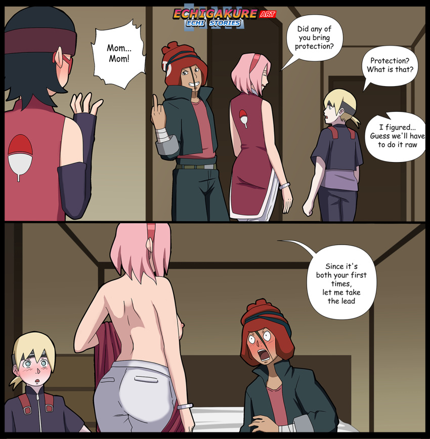 blush boruto:_naruto_next_generations echigakureart embarrassed middle_finger milf milf naruto naruto_(series) sakura_haruno surprised uchiha_sarada undressing yamanaka_inojin