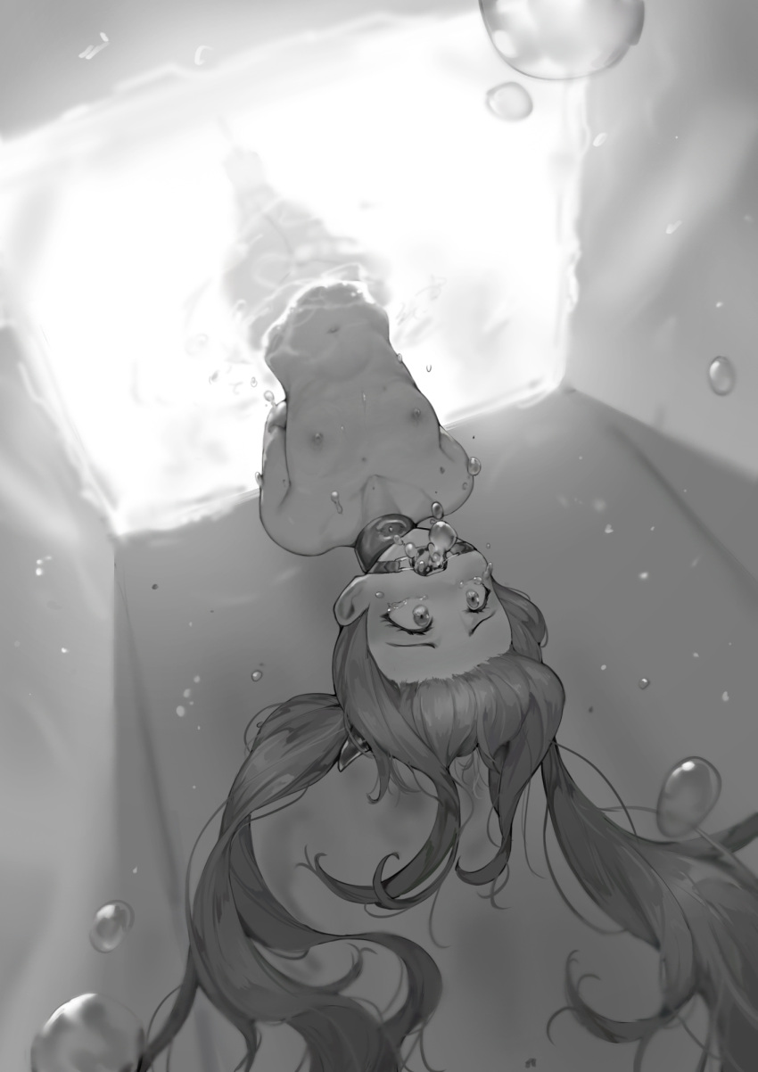 1girl arms_behind_back arms_bound_behind_back asphyxiation bound breasts captured captured_heroine collarbone completely_nude drowning fairy_tail female female_only flat_chested gag gagged hanged hanging hanging_upside_down heroine_in_trouble monochrome navel nipples nude nude_female peril ring_gag rope rou_(rou22) small_breasts solo solo_female tears torture trapped twin_tails underwater upside-down water_torture wendy_marvell