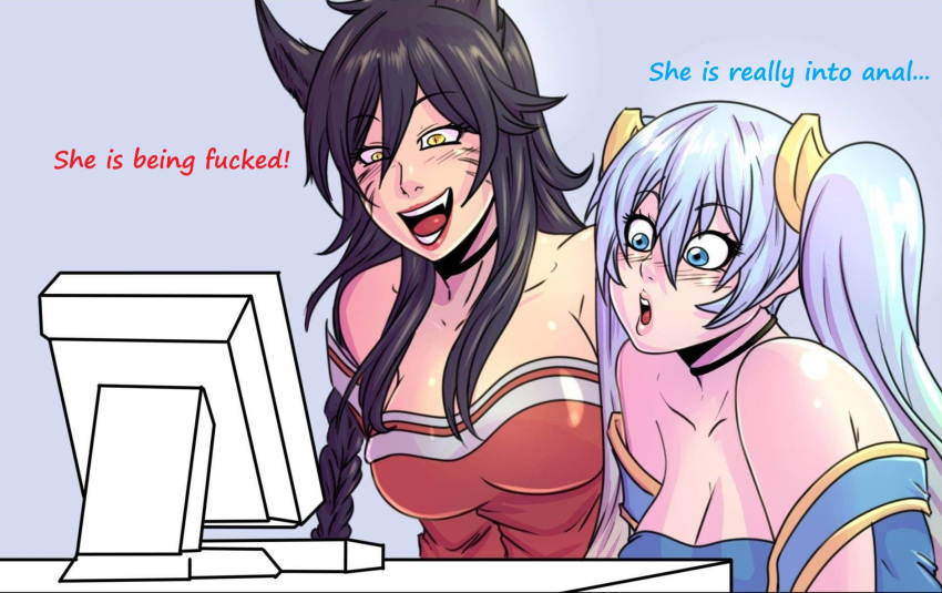 2_girls big_breasts black_hair blue_eyes blush breasts english_text justonehumanjoh league_of_legends lipstick tagme text