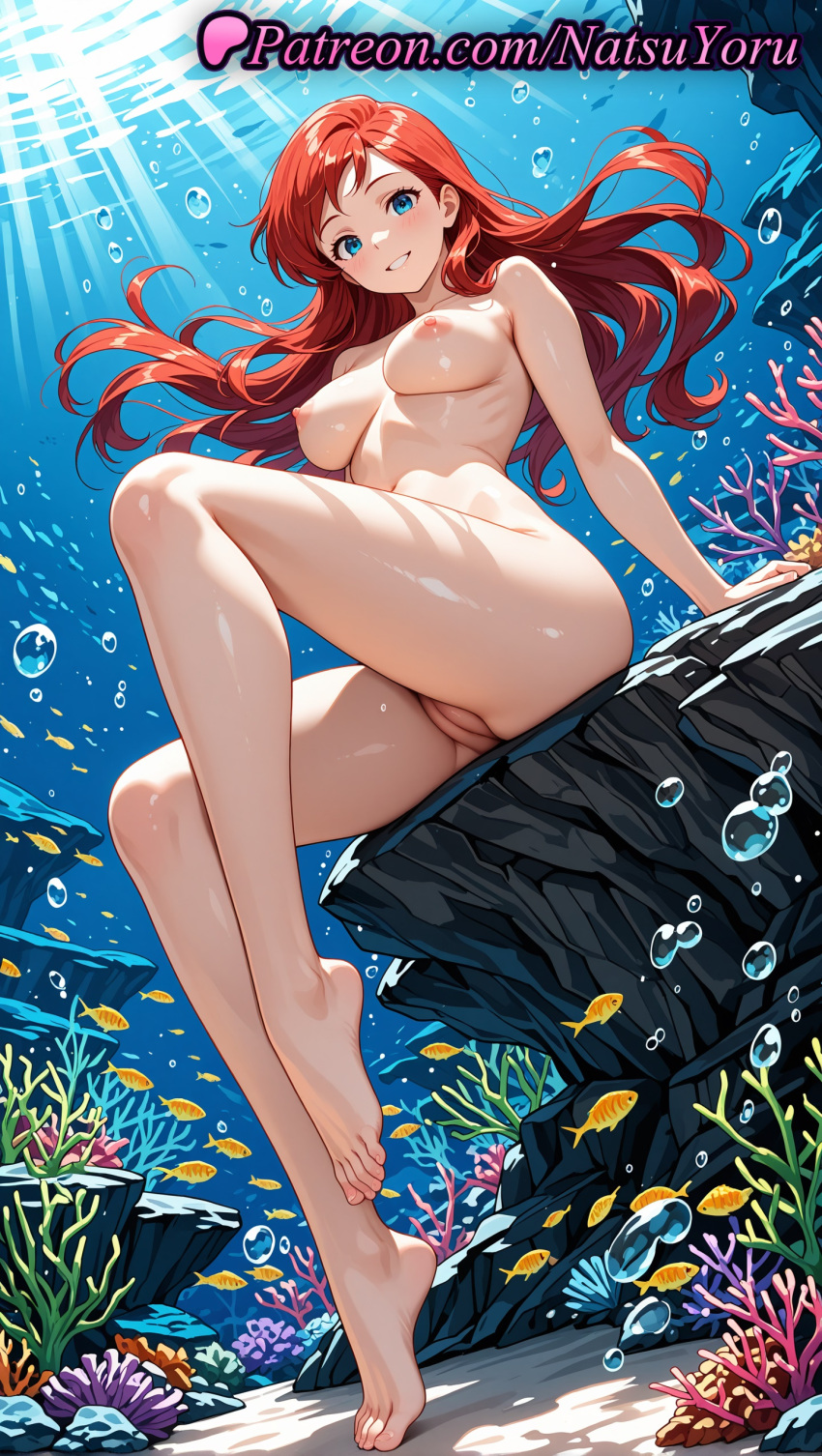 1girl 2025 ai_generated air_bubble arm_support bangs barefoot big_breasts blue_eyes blush breasts bubble cleft_of_venus completely_nude coral disney feet female fish full_body high_res legs long_hair looking_at_viewer medium_breasts natsuyoru nipples nude patreon princess_ariel pussy red_hair rock shaved_vagina sitting smile solo sunlight the_little_mermaid the_little_mermaid_(1989_film) thighs toes uncensored underwater voluptuous voluptuous_female
