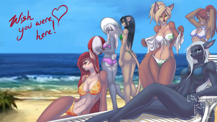 anthro beach beach_ball bikini black_hair blonde_hair blue_hair canine dossun feline female fox furry gray_hair hair lion looking_at_viewer ocean red_hair seaside skimpy straw_hat swimsuit tail white_hair