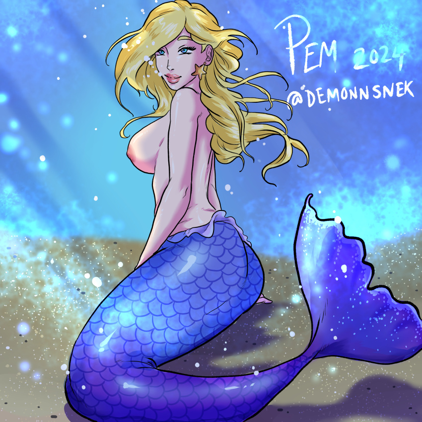 1girl big_breasts big_lips bioluminescence blonde_female blonde_hair blue_eyes bubbles demonnsnek earings female long_hair mario_(series) mermaid mermaid_girl mermaid_tail nintendo ocean pale-skinned_female pale_skin pink_nipples princess_peach:_showtime! princess_rosalina shirtless smiling_at_viewer solo super_mario_bros. super_mario_galaxy swimming topless topless_female underwater video_game video_game_character video_game_franchise video_games water