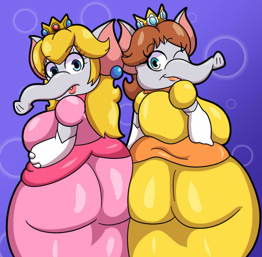 1girl 2_girls anthro big_ass big_ass blonde_hair brown_hair clothing dress elephant elephant_daisy elephant_fruit elephant_peach female_only grey_skin huge_ass huge_ass looking_back mario_(series) multiple_girls nintendo princess_daisy princess_peach someth1ngoranother super_mario_bros._wonder transformation