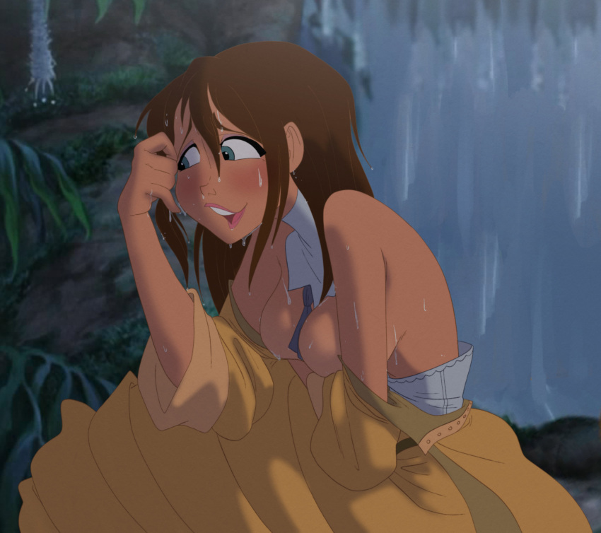 1girl bare_breasts bare_shoulders big_breasts blue_eyes blush breasts breasts_out brown_hair cartoon clothes_pull coolerinker covering_breasts disney dress embarrassed female_only heavy_blush inker_comics inkershike jane_porter lips sweat sweating sweaty tarzan tarzan_(1999_film) topless wet wet_body wet_clothes wet_skin yellow_dress