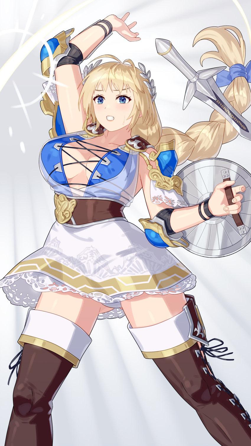 1girl absurd_res big_breasts blonde_hair blue_eyes cleavage high_res long_hair milf project_soul shield silf skirt sophitia_alexandra soul_calibur soul_calibur_ii soul_calibur_iii soul_calibur_vi stockings sword weapon yagi2105