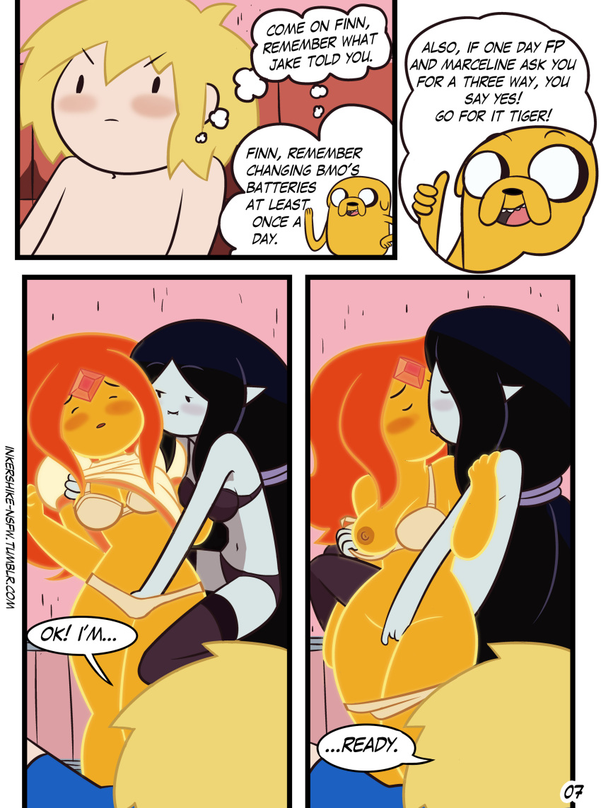 1boy 2_girls adventure_time age_difference areola big_breasts black_hair blush bra breasts cartoon_network comic drpizzaboi1 english_text fingering finn_the_human flame_princess grey_skin inkershike jake_the_dog kissing long_hair marceline masturbation masturbation mature_female mature_woman nipples older_female orange_hair orange_skin page_7 page_number pale_skin panties panties_down pussy stockings straight_hair text threesome undressing vaginal_masturbation vampire younger_female younger_male yuri