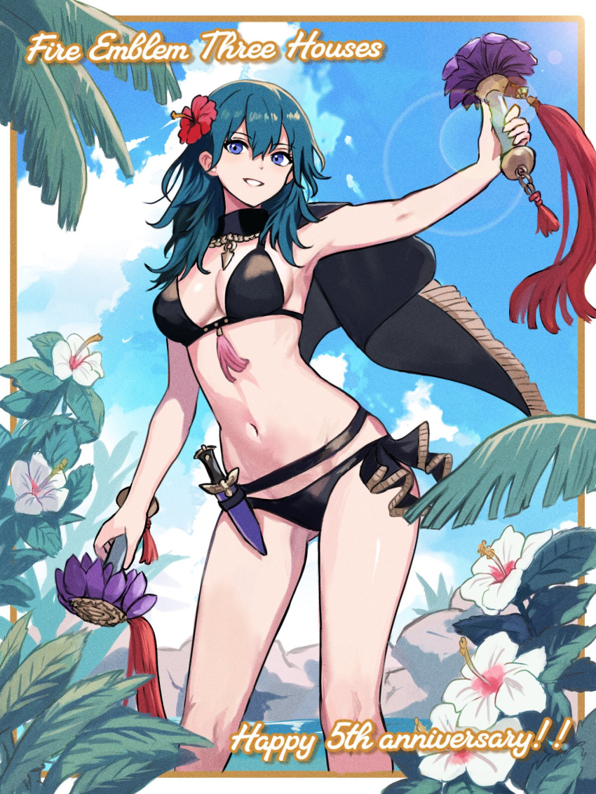 1girl 1girl alluring anniversary bikini black_bikini blue_eyes byleth_(fire_emblem) byleth_(fire_emblem)_(female) byleth_(summer)_(fire_emblem)_(female) cleavage copyright_name dagger fire_emblem fire_emblem:_three_houses flower hair_between_eyes hair_flower hair_ornament happy_anniversary hibiscus high_res knife looking_at_viewer navel nintendo official_alternate_costume smile swimsuit teal_hair weapon yuurururun