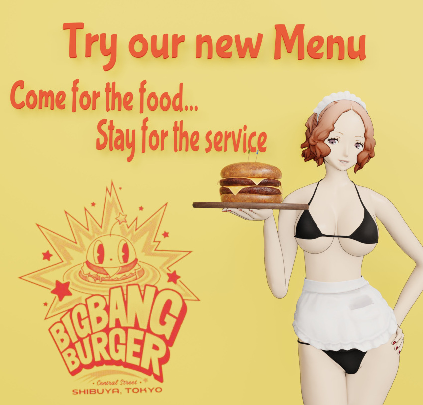 3d absurd_res bikini burger high_res maid_headdress okumura_haru persona persona_5 rbf7 swimsuit tagme