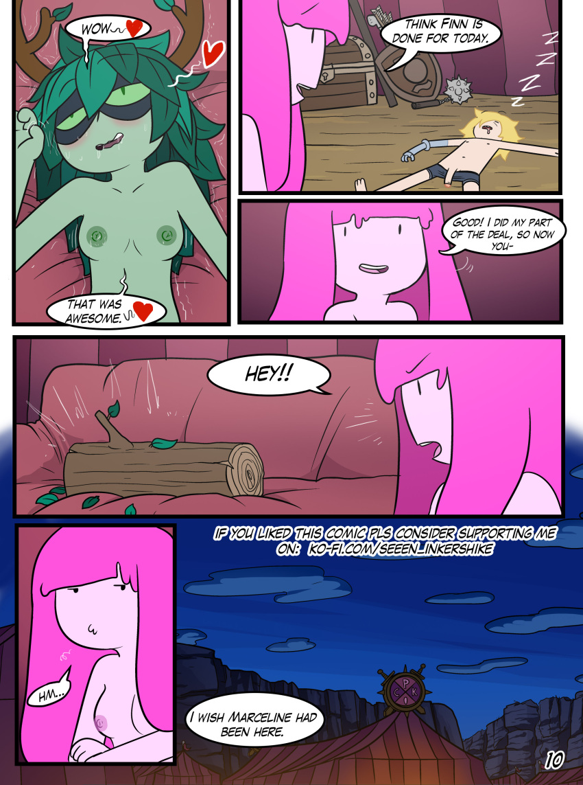 1boy 2_girls adventure_time aunt_maire blonde_hair blonde_hair_male breasts comic coolerinker end_page english_text ffm_threesome finn_the_human green_hair huntress_wizard inker_comics inkershike ko-fi_username leaf_hair page_10 page_number pink_hair princess_bubblegum sleeping threesome