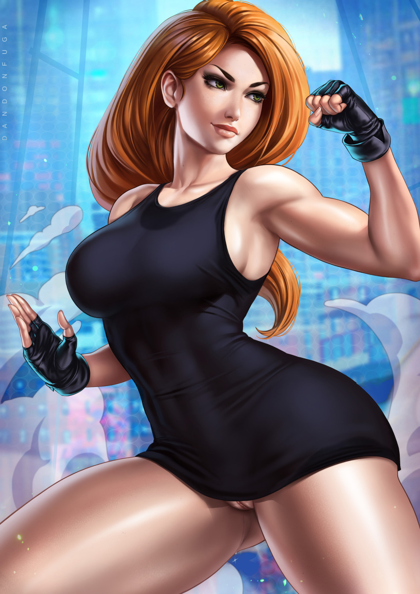 1girl alluring athletic_female big_breasts dandon_fuga disney dress fingerless_gloves fit_female green_eyes hot kim_possible kimberly_ann_possible no_panties older older_female orange_hair pencil_dress pussy sexy voluptuous young_adult young_adult_female young_adult_woman