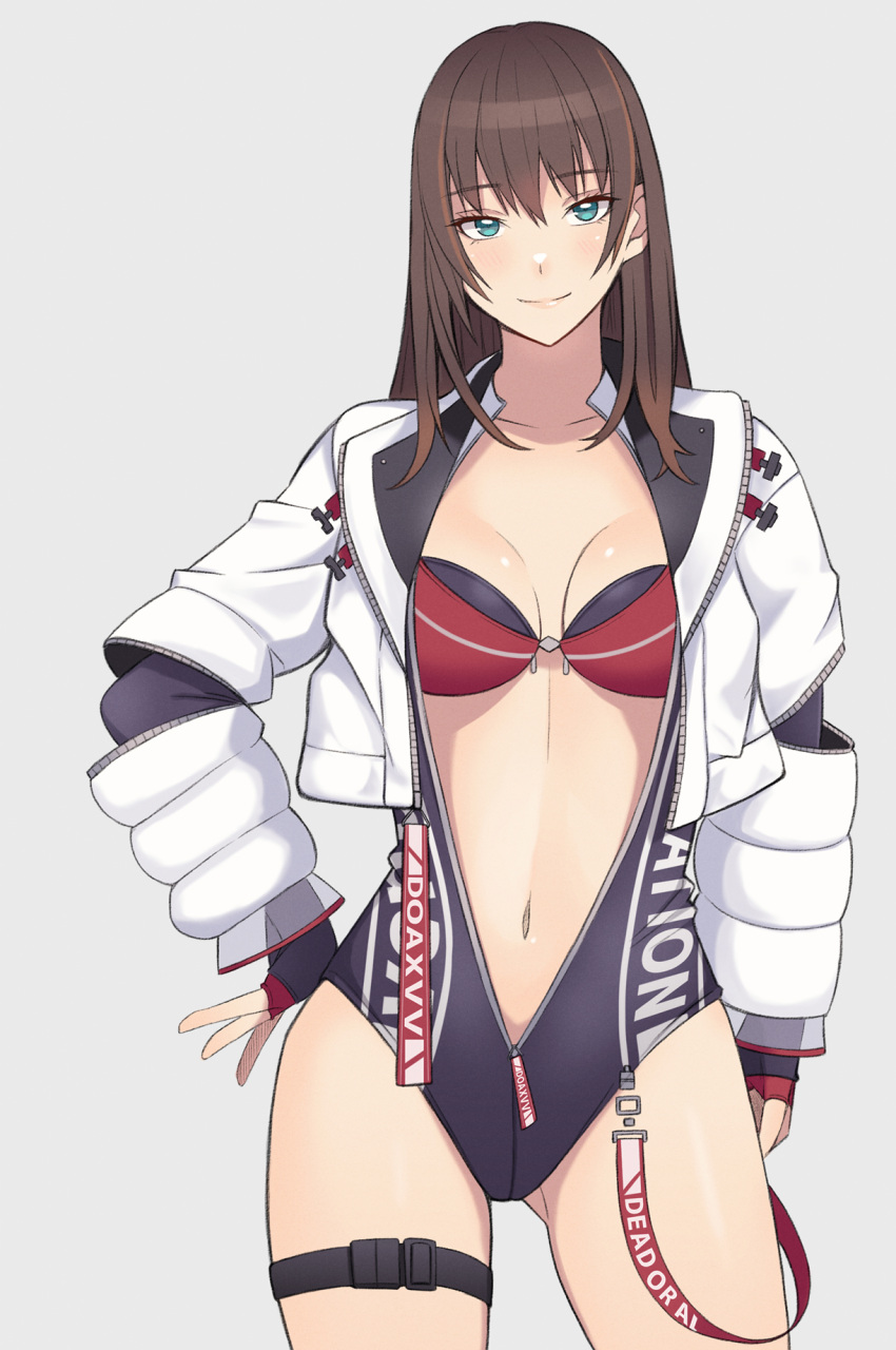 1girl alluring bikini blush brown_hair dead_or_alive dead_or_alive_xtreme dead_or_alive_xtreme_venus_vacation front_zipper_swimsuit green_eyes high_res jacket konishiki_(52siki) long_hair looking_at_viewer medium_breasts meme_attire nanami_(doa) one-piece_bikini open_clothes open_jacket smile tecmo white_jacket