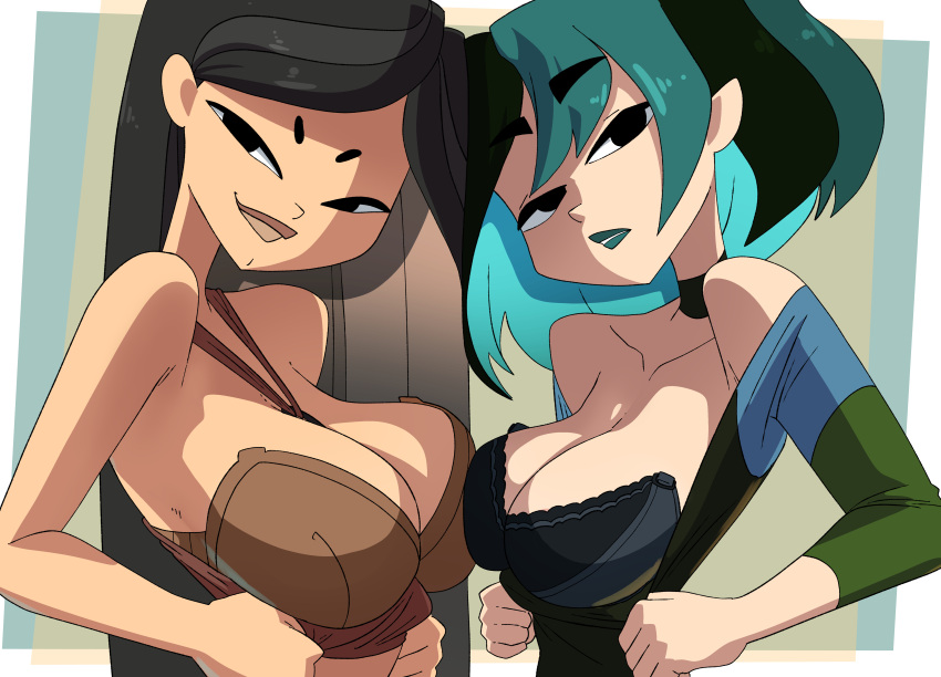 1girl 2_girls alternate_version_available bedroom_eyes big_breasts big_breasts blue_hair blue_lipstick bra breasts brunette cleavage clothed clothed_female clothes clothing color colored coolerinker dark_hair deep_cleavage duo duo_focus exposed_shoulders exposing exposing_chest exposing_self eye_contact female_focus female_only goth goth_girl grin gwen_(tdi) hair heather_(tdi) high_res high_res high_resolution human human_only inker_comics inkershike light-skinned_female light_skin lips lipstick long_hair looking_at_viewer medium_hair multicolored_hair pulling_down_shirt removing_clothing removing_shirt shirt shirt_down shirt_pull smile smiling_at_viewer smirk smirking smirking_at_viewer total_drama_island unamused underwear