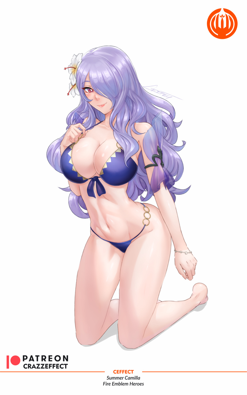 1girl alluring alternate_costume bare_legs bare_shoulders barefoot big_breasts bikini blue_bikini blue_swimsuit camilla_(fire_emblem) camilla_(summer)_(fire_emblem) cleavage crazzeffect english_commentary female_only fire_emblem fire_emblem_fates fire_emblem_heroes flower hair_flower hair_ornament hair_over_one_eye high_res kneel long_hair looking_at_viewer navel nintendo official_alternate_costume pink_eyes purple_hair simple_background stomach swimsuit thighs very_long_hair white_background white_flower